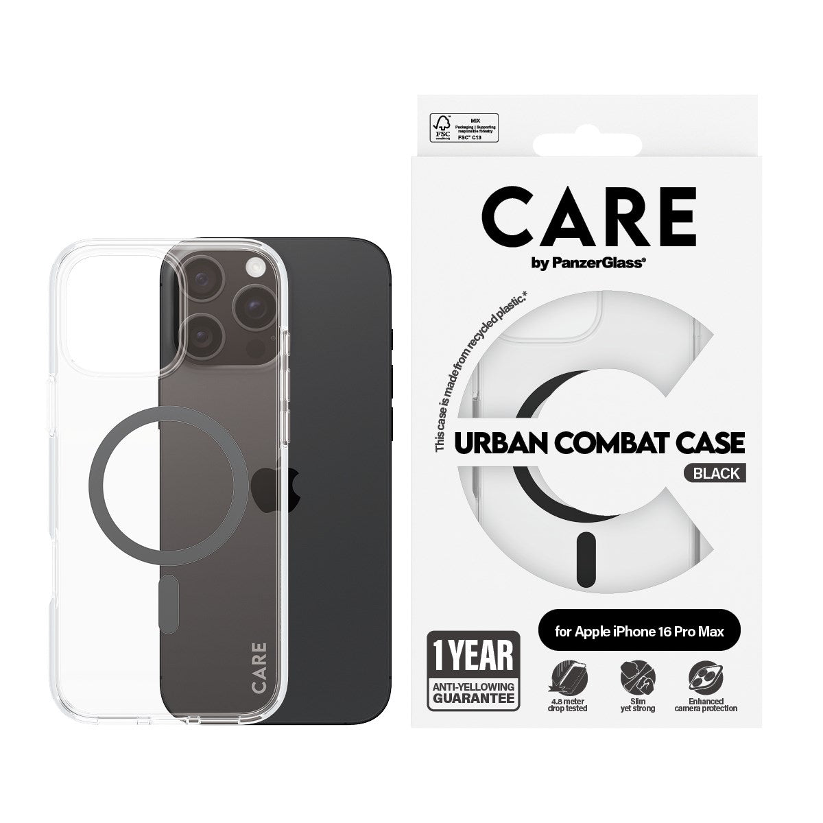 CARE by PanzerGlass® Urban Combat Case Transparent w. Black MagSafe iPhone 16 Pro Max